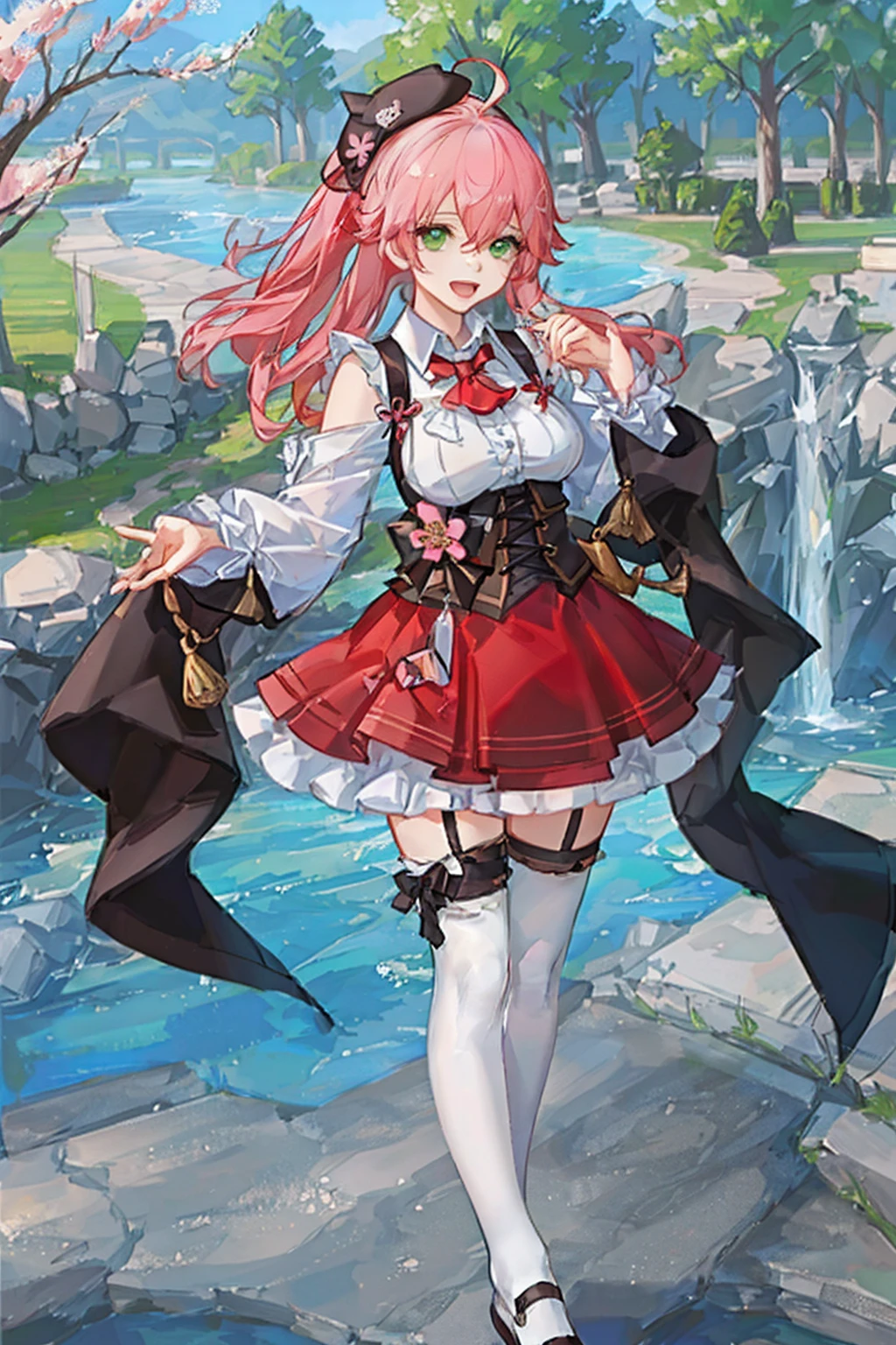 masutepiece, Best_Quality, hight_resolution, miko2,Ponytail, 1girl, Ahoge, black headwear, Hair Ornament, White shirt, black thighhighs, Pink hair, Red_skirt, very_short_skirt, plaid skirts, garter_strap, Collared shirt, hair clips, frilld, Bangs, hair between eye, frills skirt, beret, Pleated skirt, Hair Flower, Neck bell, , puffy long sleeves, Black bow, Underbust, Cowboy Shot,Smile, (large_breasts:1.3),covered_nipples, covered_pussy,green_eyes, happy, childlike_posing,spread_legs,(big_smile:1.2),plump,open_mouth,shout,half_eyes,cherryblossom_park_background,