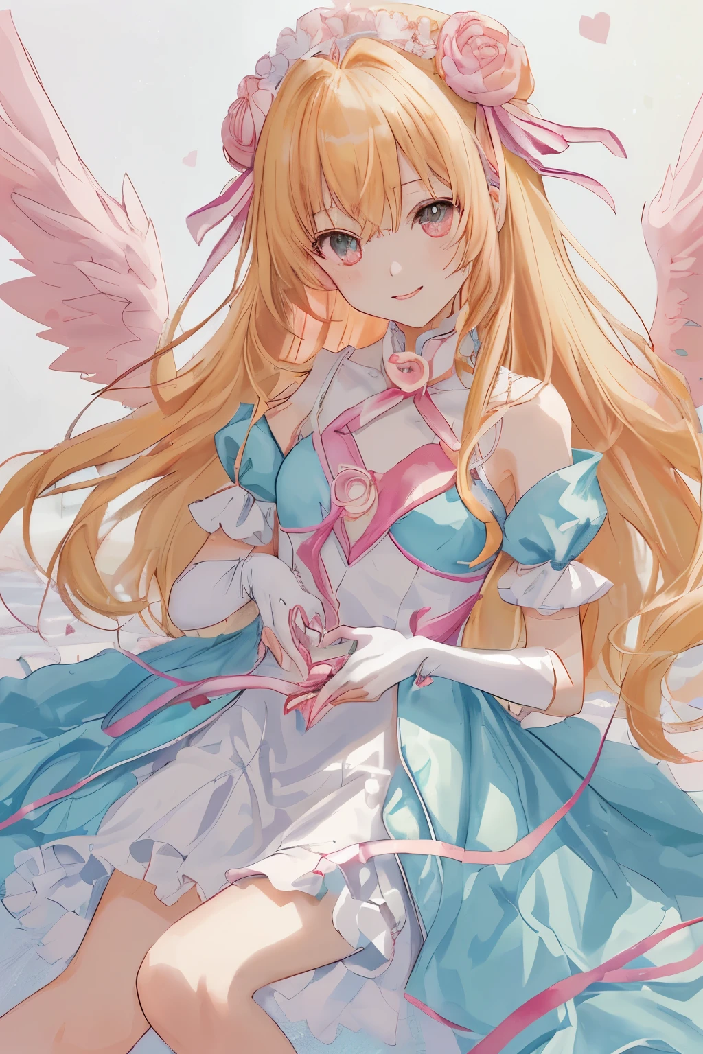 1_girl, (anime, kawai:2), (masterpeice, best_quality, simple, cute, dreamy, vibrant, clean:1.5), (cute, cute_smile, young:1.8), (delicate, beautiful, thin:1.5), (girlfriend, angel:1.6), (green_eyes, simple_eyes:1.5) (long_hair, blond_hair, wearing_pink_dress, pink_angel_wings, sexy_gloves:1.8), extremely_delicate, (love_magic:1.5), (age_size_fits_body), (small_thighs:1.3), (breasts), (eye_level:1.3), (heart_magic, love:1.5),