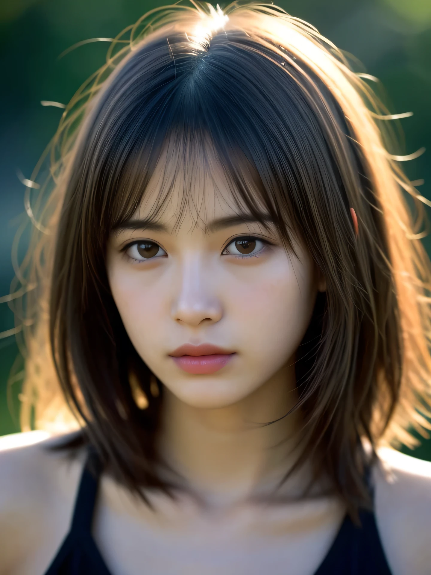 (Photo Real:1.4), (hyper realisitic:1.4), (Smooth lighting:1.05), 1 girl, melancholy, looking away, Close-up of the face, Soft lighting, Back lighting, (Finest Real Textured Skins), Super fine face, glowy skin, retinas, Anatomically correct, acurate, (Wavy medium Hair:1.1), bangs, Textured skin, High quality, high details, Best Quality, High resolution,