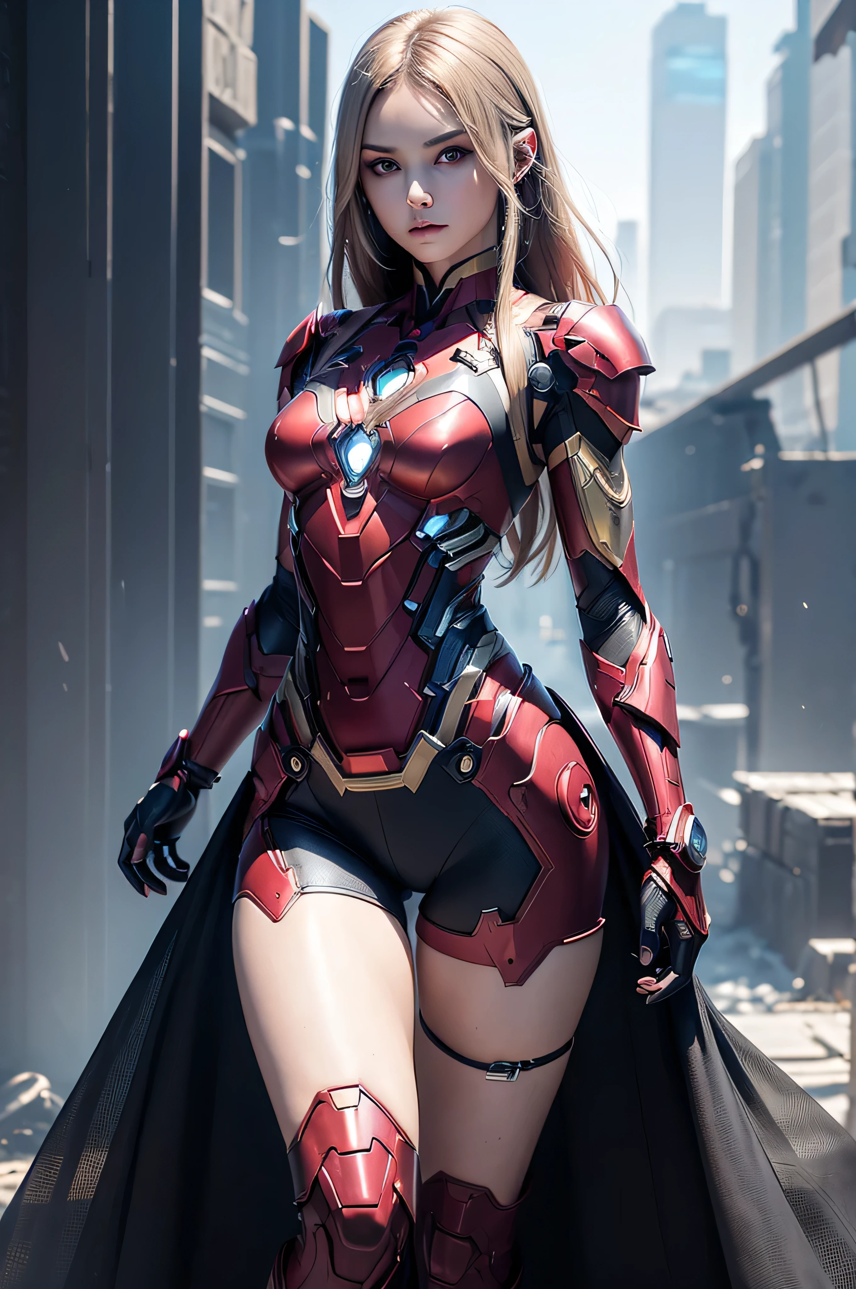 ((masterpiece, 8K, 3D, Realistic, Super Detail)), (1girl:1.3), slender 16 age, Ultra Micro photography, Sana (TWICE) Super realistic, Perfect face, 16K resolution, 4k resolution, The photo was taken from the Front, facing to the photographer, Foreground photo, dynamic lighting, posing on a pedestal, high-definition resolution, Beautiful features, ((Perfect female Model Slim body)) Beautiful features, Standing pose, ((small hip)), (((2 piece Hotpants-Bikini))), Sci-fi futuristic, ((Iron man armor)) ((bionic Fragmented Super Girl chest armor suit)), ((Exposed slim thighs)), wear mesh metal-stockings, ((slim thighs)), ((bionic Slim thighs Spider man armor)), Front Full body Shot, full body portrait, perfect legs, Iron Man shoes, futuristic city background