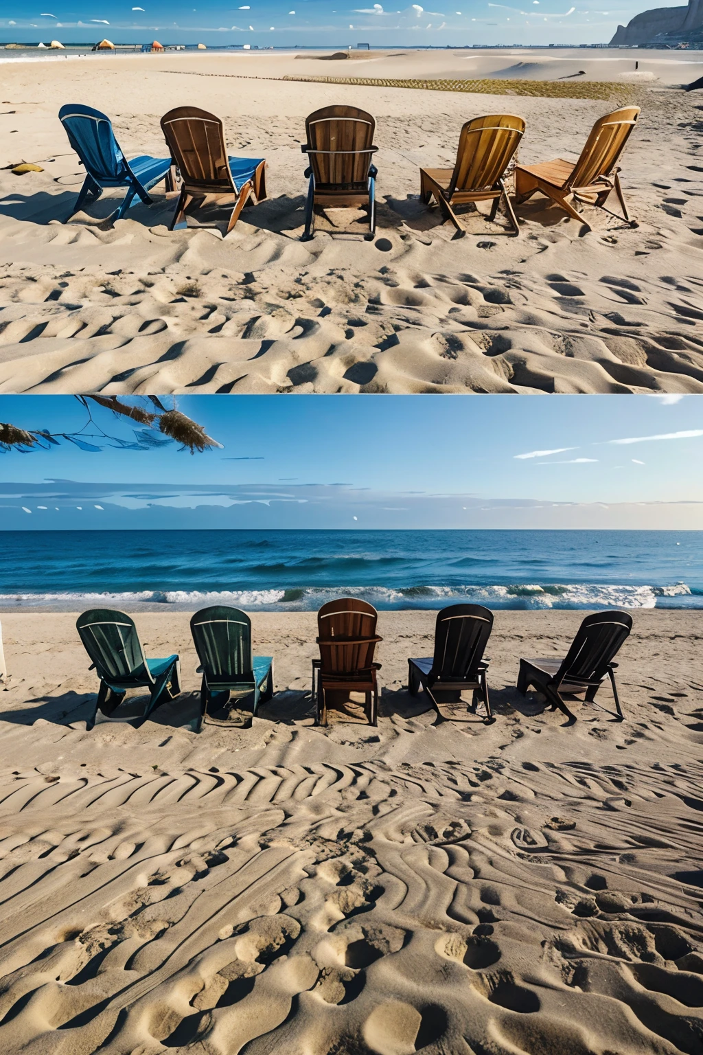 Cold beach sand with many chairs in rows next to each other and behind many more rows. Perspective from the sea towards the sand and chairs