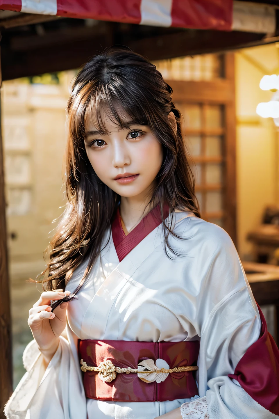 (8k:1.2), best quality, masterpiece, (ultra highres:1.2), beautiful detailed eyes, long eyelashes, double eyelid, high detail, detailed hairstyle, detailed face, hyper realistic, 
1girl, solo, (18 years old), black hair, (pale skin:1.2), long eyelashes, realistic beautiful brown eye, beautiful detailed eyes, long eyelash, double eyelid, (mascara:1.2),
closed mouth, (smiling:0.8), slender,
(kimono:1.2), obi, sash,
looking at viewer, (cowboy shot:0.9),
