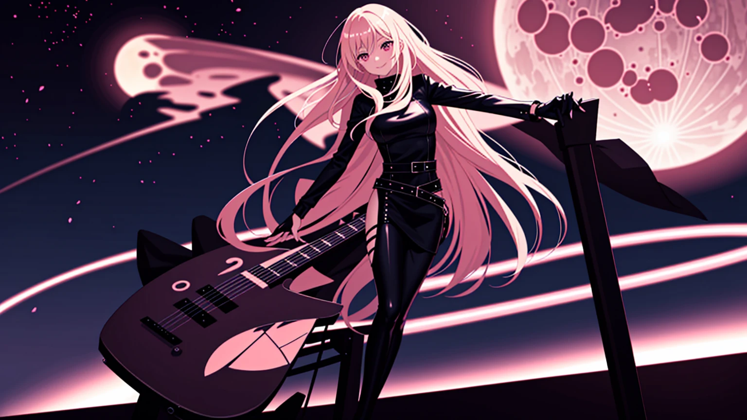 adult woman, pink eyes, long blonde hair, black leather, smile, guitar, 4k hd, night city, moon