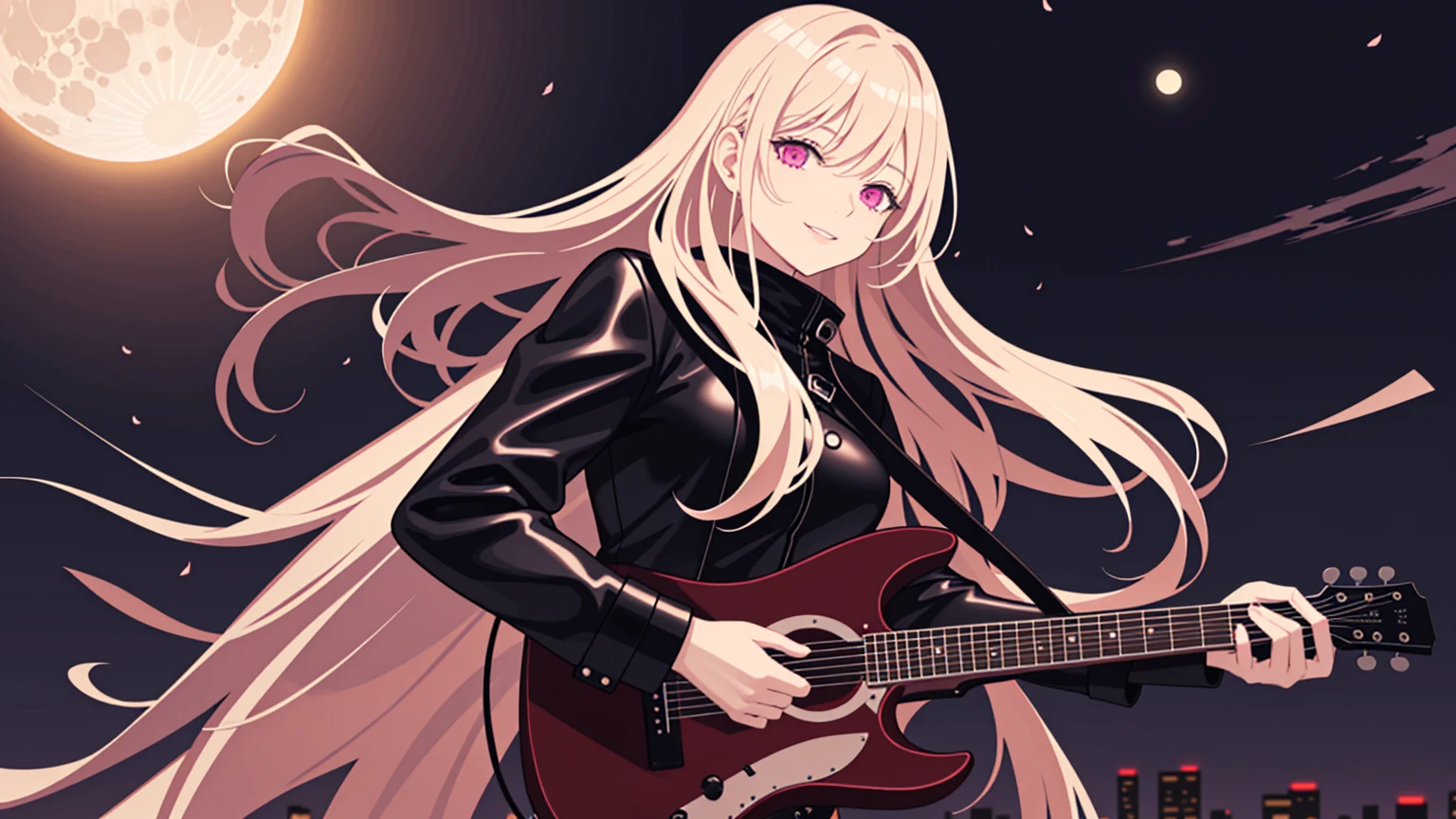 adult woman, pink eyes, long blonde hair, black leather, smile, guitar, 4k hd, night city, moon