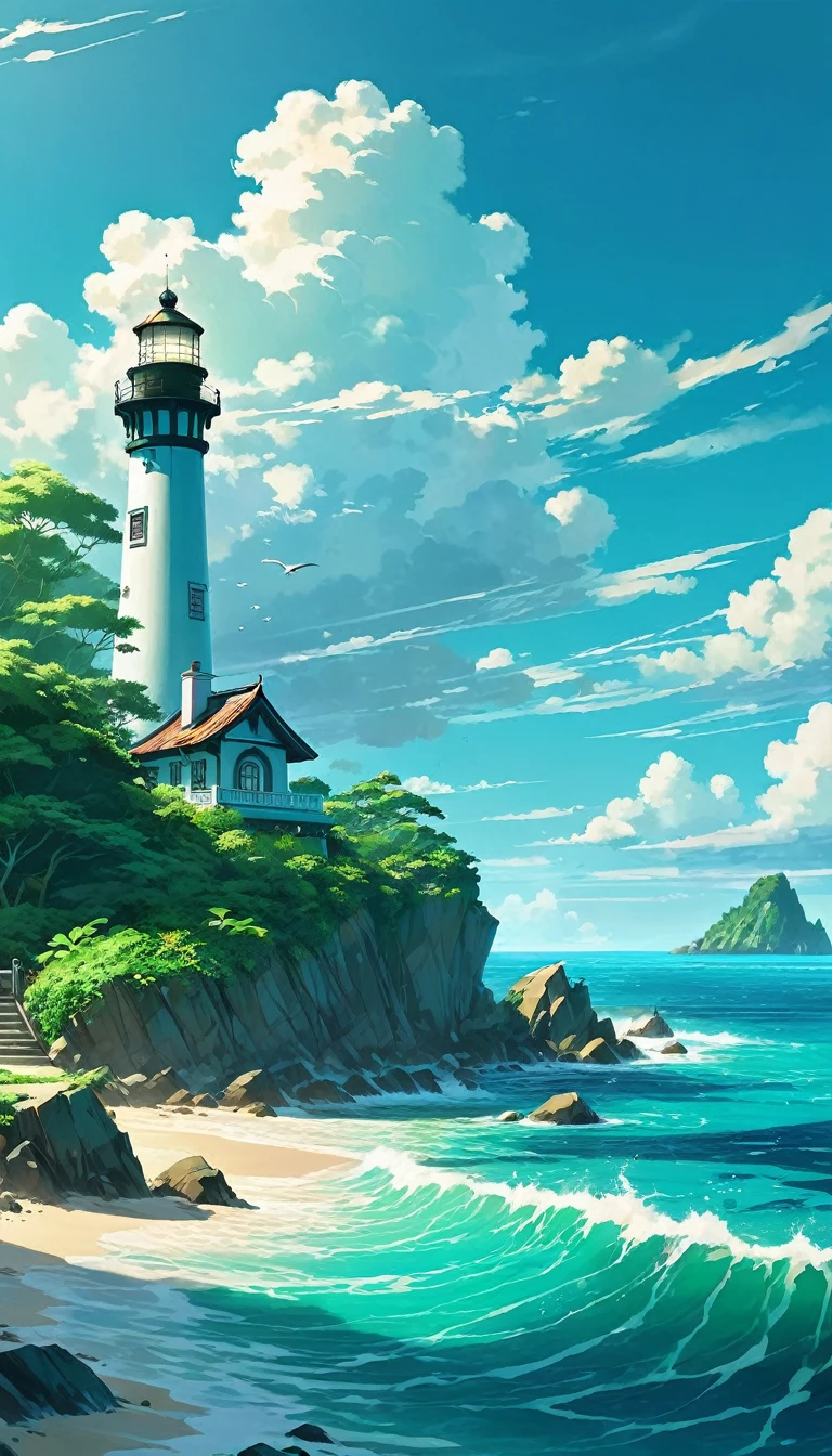 The ocean is right in front of you、Tropics、Ocean、ocean shore、cliff、Bungalow、Resort、turquoise blue、Emerald green、sunshine、water surface、rock、cloud、blue sky、buzzer、Paradise、beautiful、vivid、nature、trip、vacations、beautiful Anime Scenery, Landscape painting, Lighthouse, Beautiful digital painting, andreas rocha, Beautiful artwork illustration, Awesome Wallpapers, Raymond Han, tall beautiful painting, Studio Greebly New Ocean Makoto, Beautiful Wallpaper, Anime Scenery