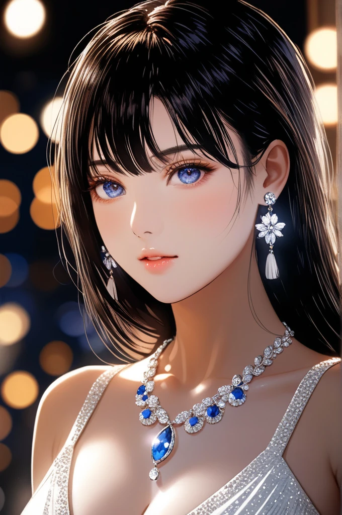 masterpiece, best quality, illustration, sax blue, tassel earrings, platinum necklace, white dress, 1girl, cute, (dynamic lighting:1.2), cinematic lighting, delicate facial features, detailed eyes, sharp pupils, realistic pupils, depth of field, bokeh, sharp focus, (hyper-detailed, bloom, glow:1.4), many small gems,big breasts 