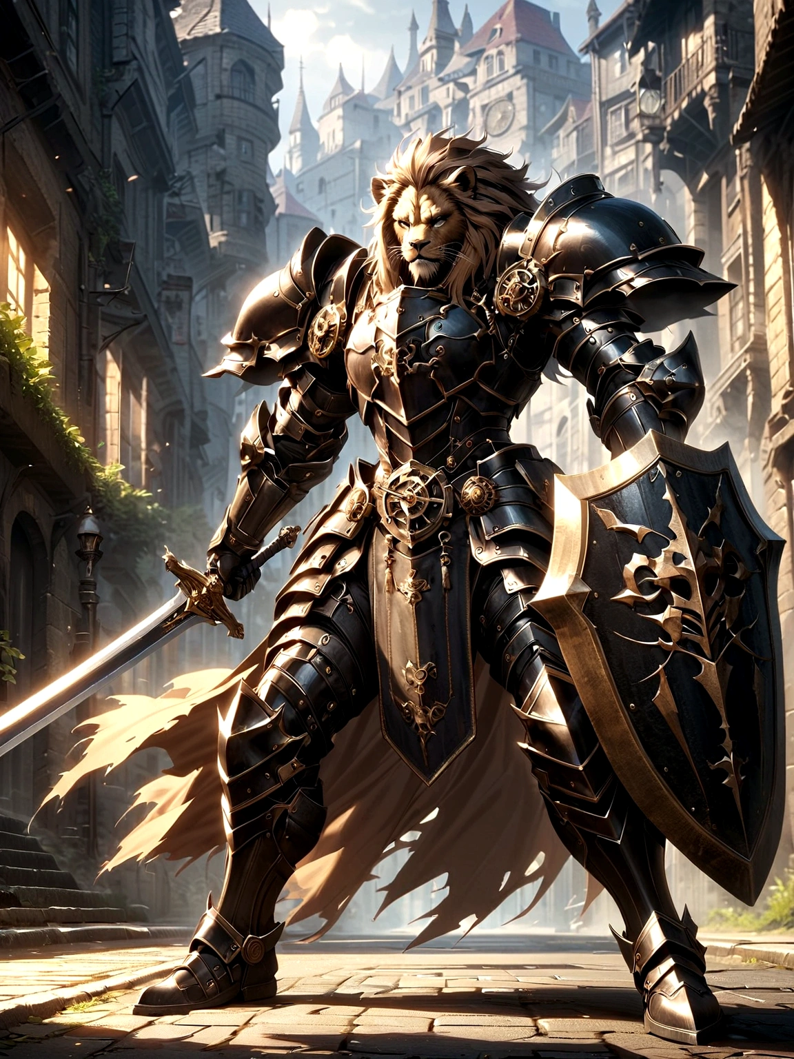 Lion Knight wearing combat uniform, on the street, black armor, Clock designs, Black Lion Man, Black Color armor, Sword and Shield