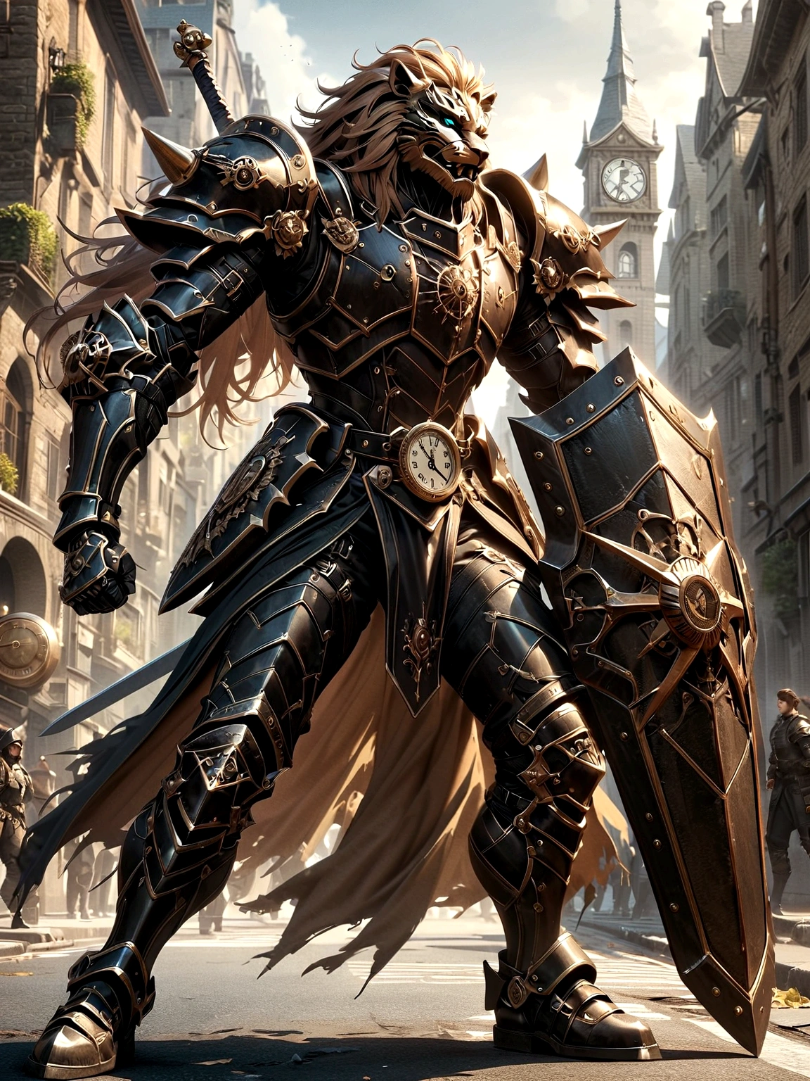 Lion Knight wearing combat uniform, on the street, black armor, Clock designs, Black Lion Man, Black Color armor, Sword and Shield
