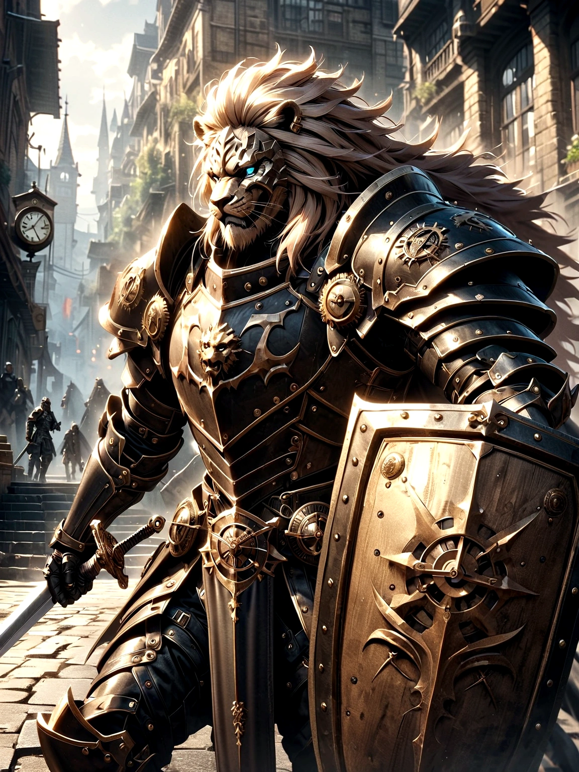 Lion Knight wearing combat uniform, on the street, black armor, Clock designs, Black Lion Man, Black Color armor, Sword and Shield