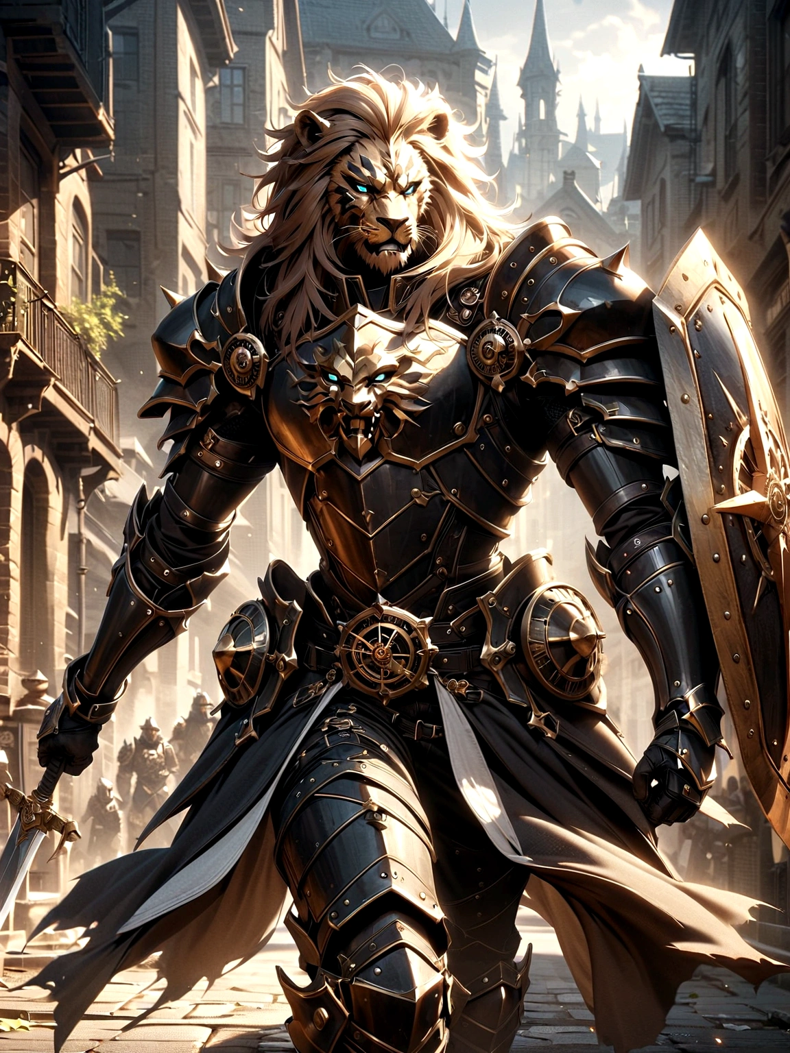 Lion Knight wearing combat uniform, on the street, black armor, Clock designs, Black Lion Man, Black Color armor, Sword and Shield