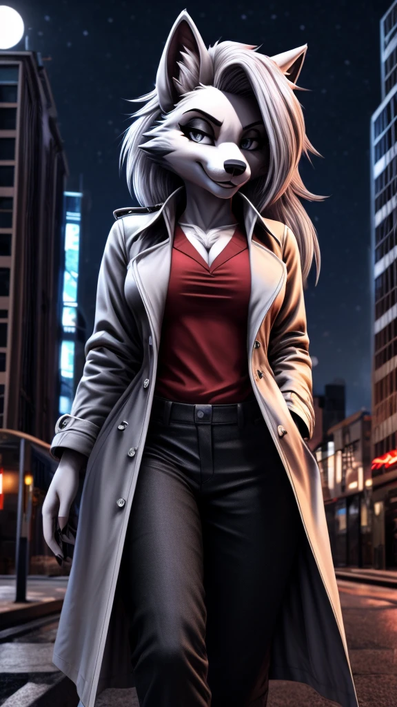 Loona from Helluva Boss, female wolf, anthro, fluffy cozy short white hair, grey eyes, mature adult, trench coat, red shirt, pants, casual clothing, smiling at viewer, city at night, detailed, solo, beautiful, high quality, 4K