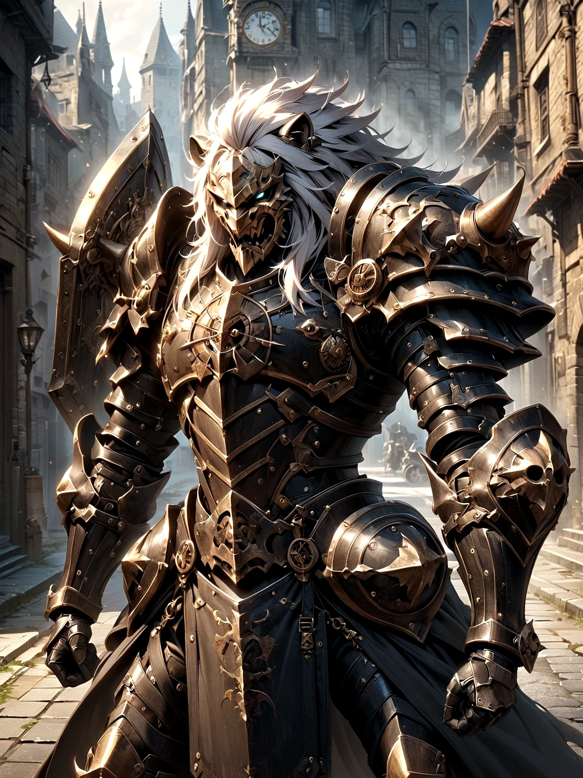 Lion Knight wearing combat uniform, on the street, black armor, Clock designs, Black Lion Man, Black Color armor, Sword and Shield