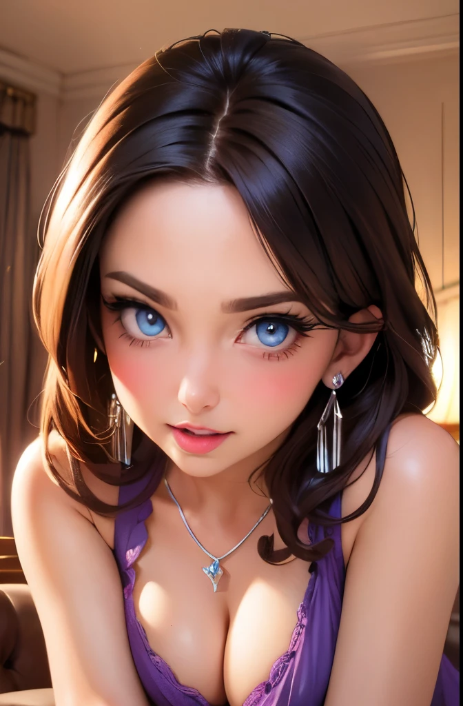 a view from below, thick hair, crystal blue eyes, open mouth, aroused 25 years old, playfully aroused, dripping with desire, cleavage, low cut tanktop , skirt, stretching, coy smile with open parted lips, (blushing:1.3), looking invitingly at the viewer, seductive eyes, facing the viewer, livingroom background, posing by the sofa, (pov), glowing eyes, necklace, earrings, nsfw,