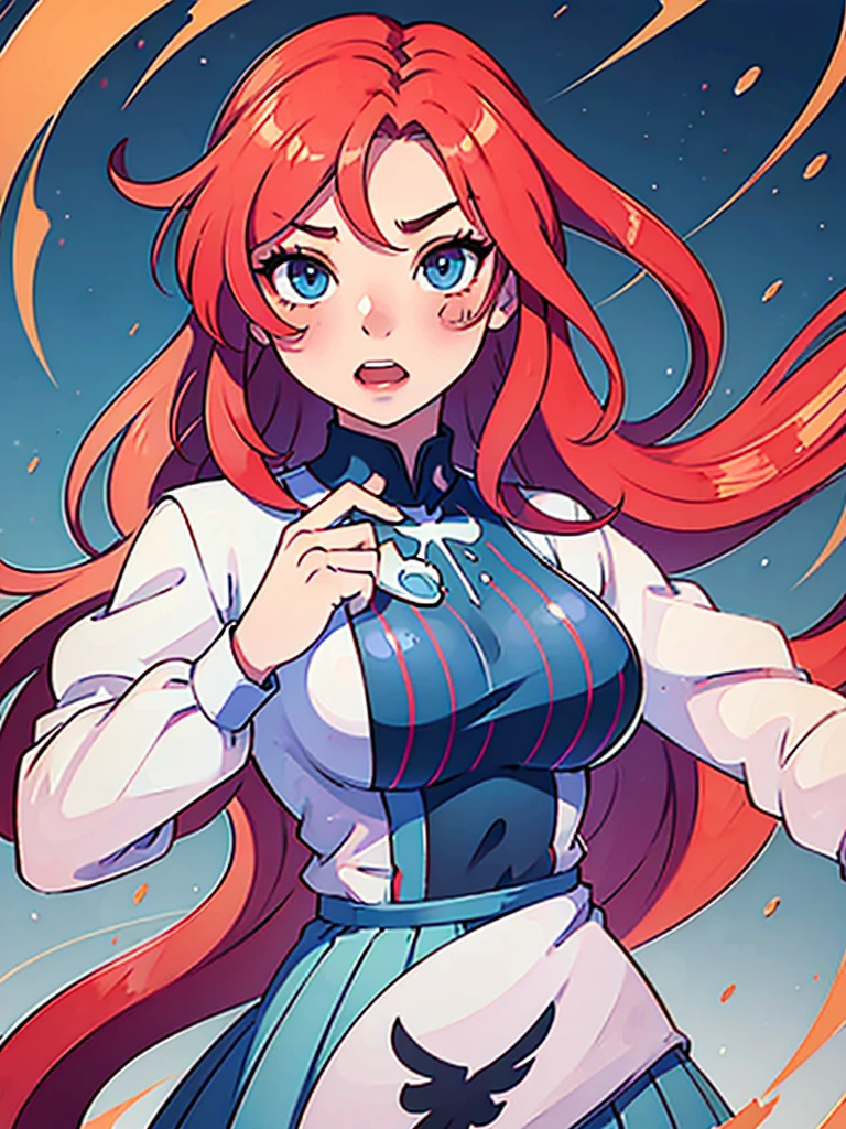 portrait of an anime girl with long red hair and blue eyes, dressed as a quiz show host. She should wear a professional outfit, hold a microphone, and strike a dynamic pose that exudes confidence and enthusiasm. Use vibrant colors and a distinctive anime drawing style.