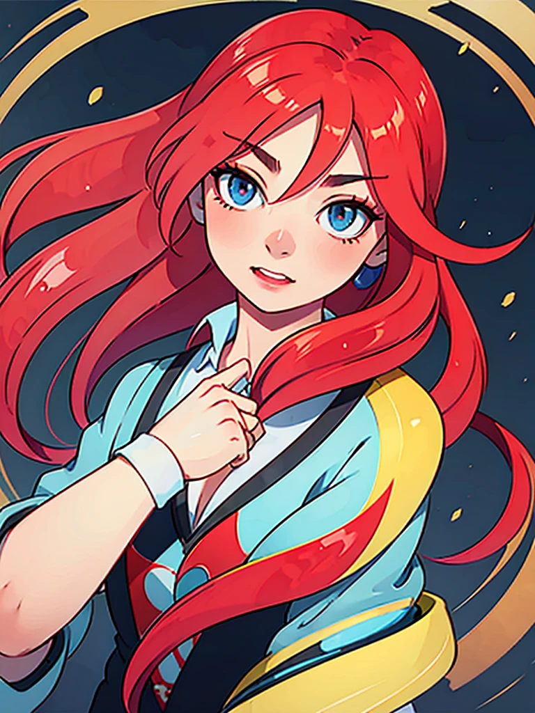 portrait of an anime girl with long red hair and blue eyes, dressed as a quiz show host. She should wear a professional outfit, hold a microphone, and strike a dynamic pose that exudes confidence and enthusiasm. Use vibrant colors and a distinctive anime drawing style.