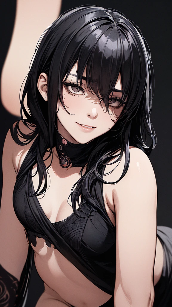 Description: black background, (background details), high contrast, very beautiful woman, detailed original illustration, functional, Kunoichi, ninja costume, black hair, delicate face, charm, bad girl, sexy, real breasts, small breasts crazy smile, crazy eyes, black background, (black background:1.4) monochrome, black and white painting