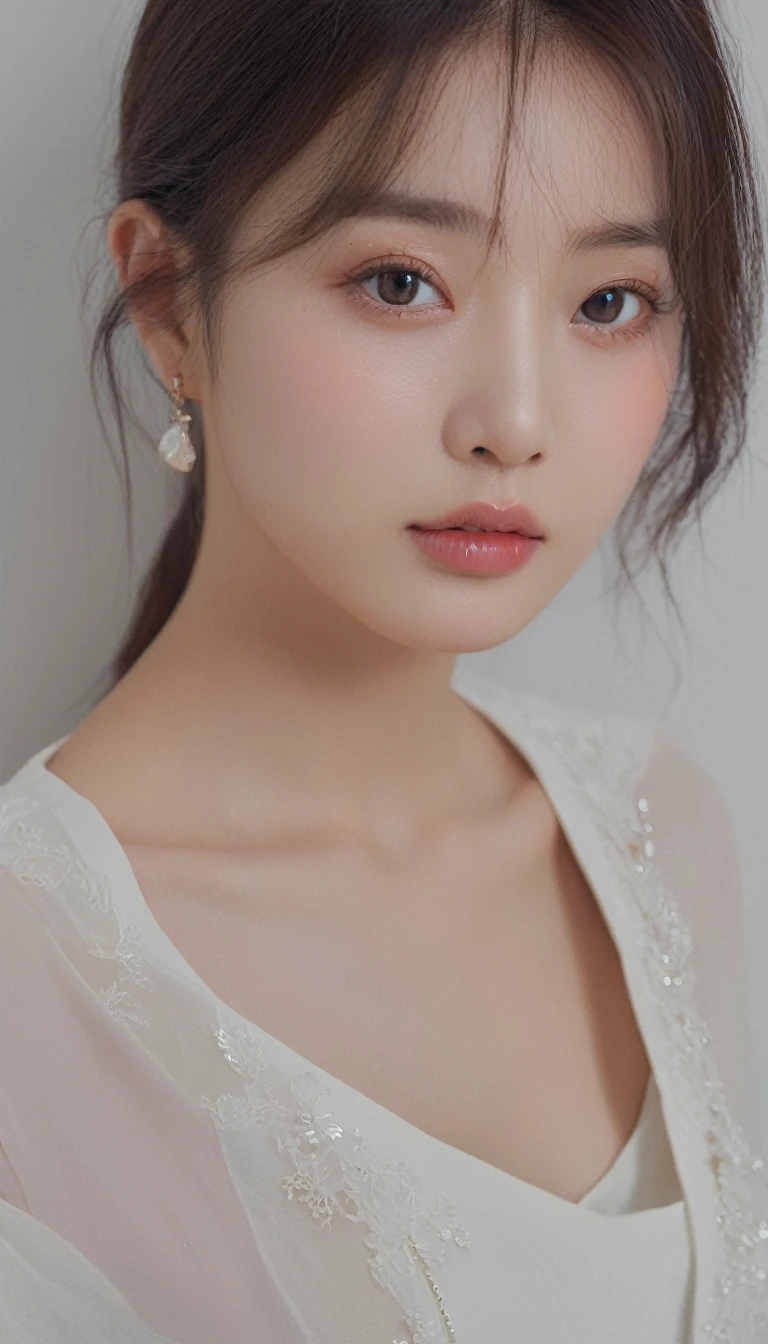 medium wide close-up, potrait, wide shoot, profile photo, front photo, 1girl, woman, (Photorealsitic)、(intricate detailes:1.2)、(​masterpiece、:1.3)、beauty face, (top-quality:1.4)、(超A high resolution:1.2)、超A high resolution、(A detailed eye)、(detailed facial features), ((Realistic lighting、top-quality、8K、natural light, ​masterpiece:1.3))、bright photo, Clear focus:1.2、1girl in、flawless beauty:1.4、Superfine Face、Narrow-eyed、double eyelid、photos realistic, perfect eyes, perfect skin, detailed skin, detailed face, looking viewer, front view, potrait, raw photo, simple soft pink background, (intricate detailed skin textured:1.4) front view, looking viewer, clear face,  1 girl、porate、Bright and very beautiful face、beautiful girl, A stunning close-up portrait showcasing the beauty of a Korean model. The composition features soft, natural lighting , bright eyes, and striking cheekbones. Her glossy,  The background is simply white background,  wear sweetshirt, neat hair, long hair, instagram model, profil picture, bright and natural