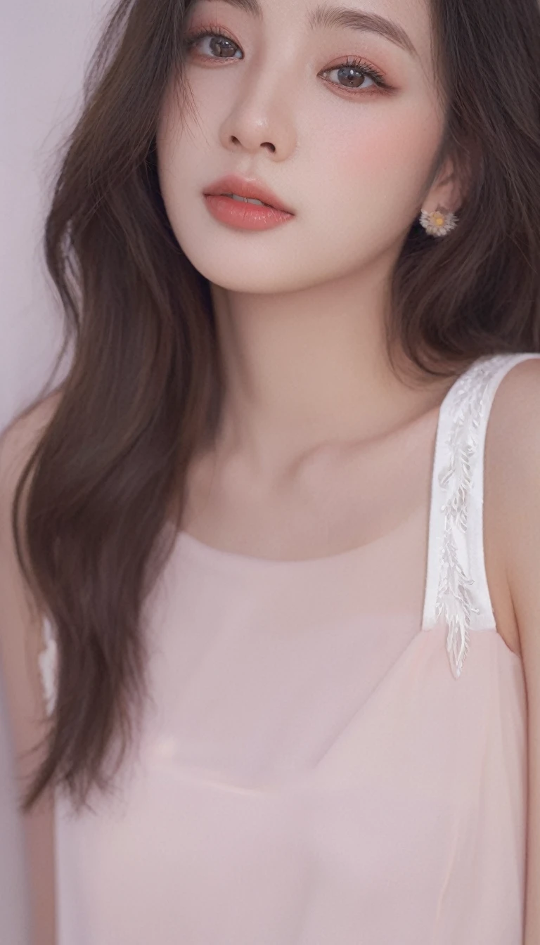 medium wide close-up, potrait, wide shoot, profile photo, front photo, 1girl, woman, (Photorealsitic)、(intricate detailes:1.2)、(masterpiece、:1.3)、beauty face, (top-quality:1.4)、(超A high resolution:1.2)、超A high resolution、(A detailed eye)、(detailed facial features), ((Realistic lighting、top-quality、8K、natural light, masterpiece:1.3))、bright photo, Clear focus:1.2、1girl in、flawless beauty:1.4、Superfine Face、Narrow-eyed、double eyelid、photos realistic, perfect eyes, perfect skin, detailed skin, detailed face, looking viewer, front view, potrait, raw photo, simple soft pink background, (intricate detailed skin textured:1.4) front view, looking viewer, clear face, 1 girl、porate、Bright and very beautiful face、beautiful girl, A stunning close-up portrait showcasing the beauty of a Korean model. The composition features soft, natural lighting , bright eyes, and striking cheekbones. Her glossy, The background is simply white background, wear sweetshirt, neat hair, long hair, instagram model, profil picture, bright and natural