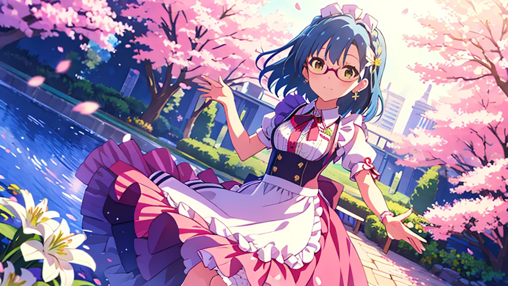 yuriko nanao (million live), (best quality, 8K, masterpiece, ultra detailed:1.2), cinematic angle,
flowery meadow, sparkle, light particles, garden,
1girl, solo, maid, maid headdress, apron,  weapon, earring, cute, floating petals, lily hair ornament, staning, skirt lift, cherry blossoms,Glasses 