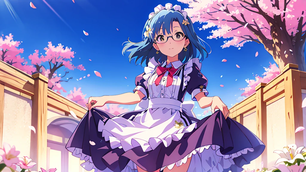 yuriko nanao (million live), (best quality, 8K, masterpiece, ultra detailed:1.2), cinematic angle,
flowery meadow, sparkle, light particles, garden,
1girl, solo, maid, maid headdress, apron,  weapon, earring, cute, floating petals, lily hair ornament, staning, skirt lift, cherry blossoms,Glasses 