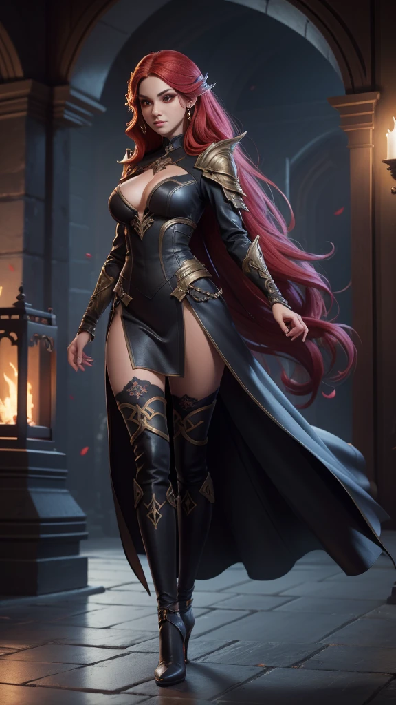 best quality, (RAW photo:1.2), (masterpiece:1.4), (highres:1.4), depth of field, intricately detailed, 8k, extremely detailed, perfect lighting, epic background, solo, super fine photo, full body digital art Unreal Engine 5 8K UHD of a girl, concept art, character concept design, demon queen, white skin, gothic leather clothes, red eyes, seductive face, long red hair, fantasy fashion design, walking in castle, night time background, best quality, masterpiece, super detailed, sharp focus, female pose