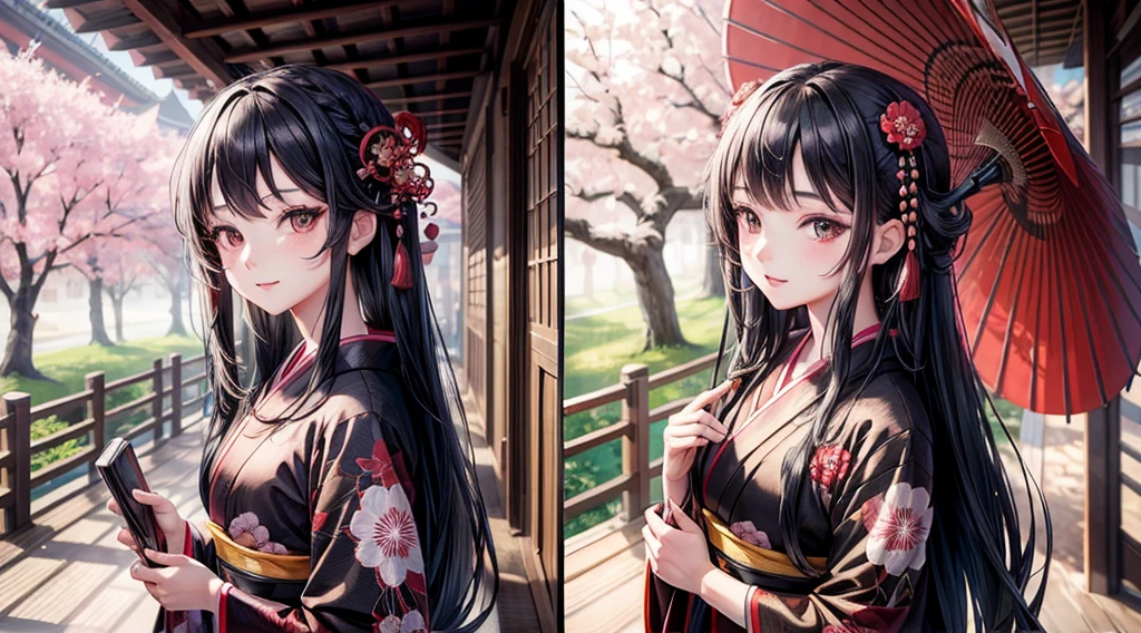 One girl, Long black hair, black eye, Wearing a beautiful Japanese kimono, Cherry tree, Traditional buildings, High resolution, Super sharp, 8K, masterpiece, View your viewers