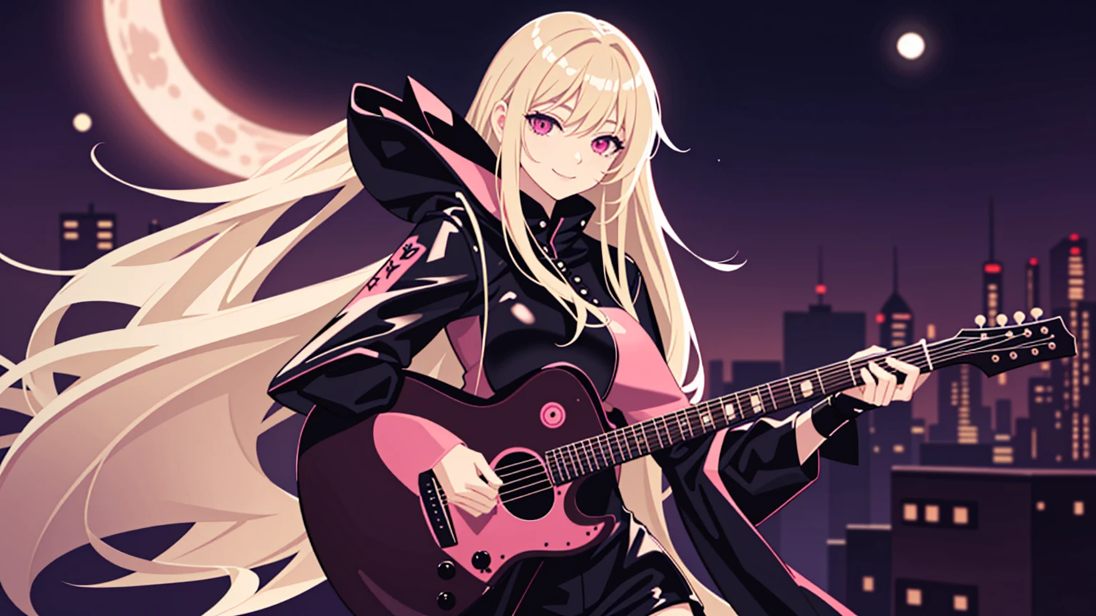 adult woman, pink eyes, long blonde hair, black leather, smile, guitar, 4k hd