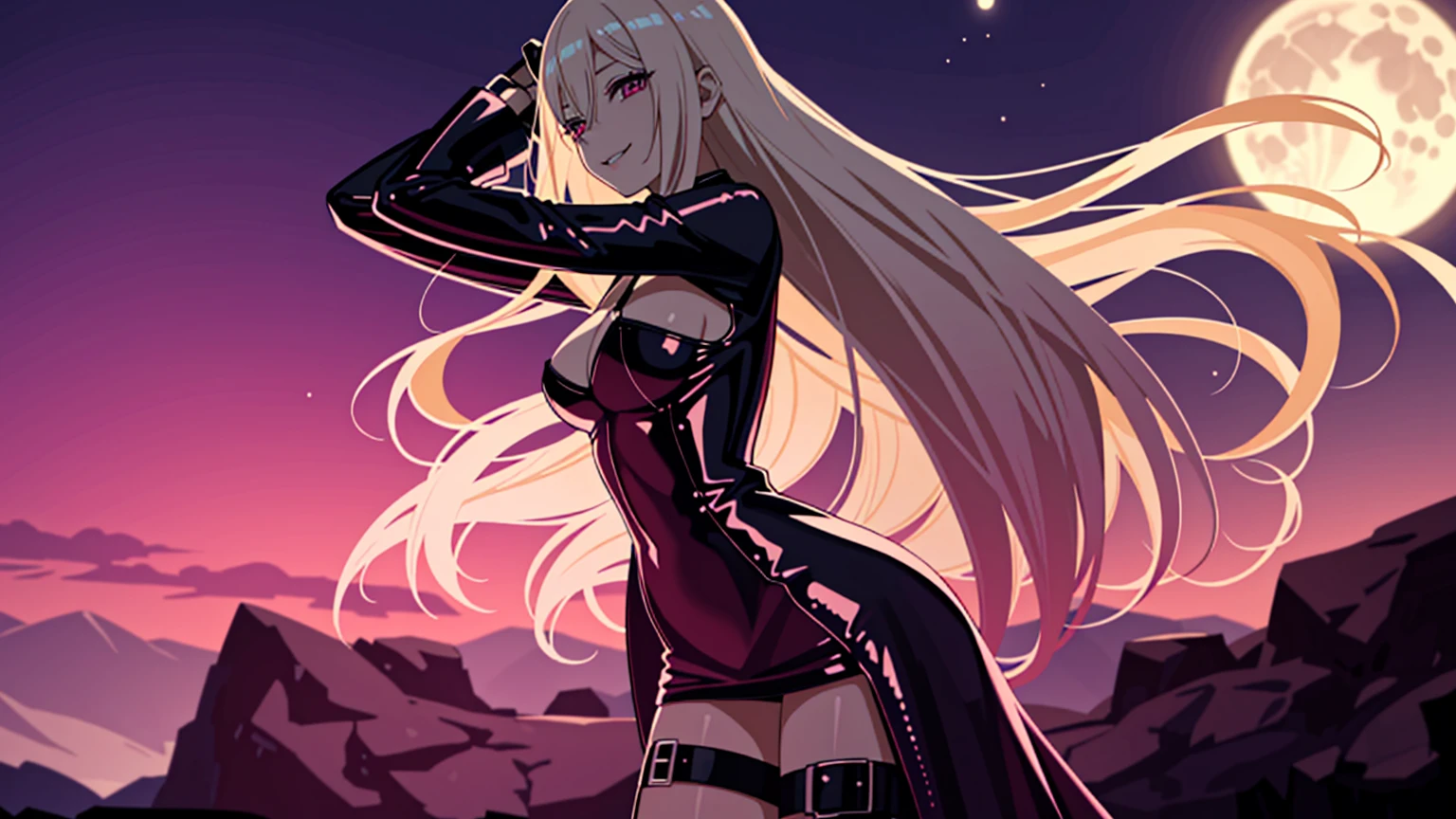 adult woman, pink eyes, long blonde hair, sexy black leather, smile, guitar, 4k hd, night city, moon
