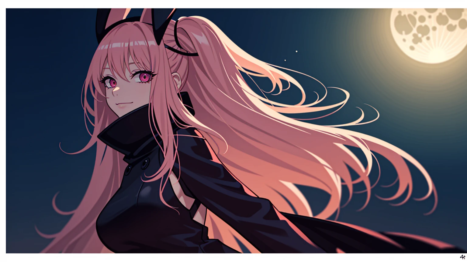 adult woman, pink eyes, long blonde hair, sexy black leather, smile, guitar, 4k hd, night city, moon