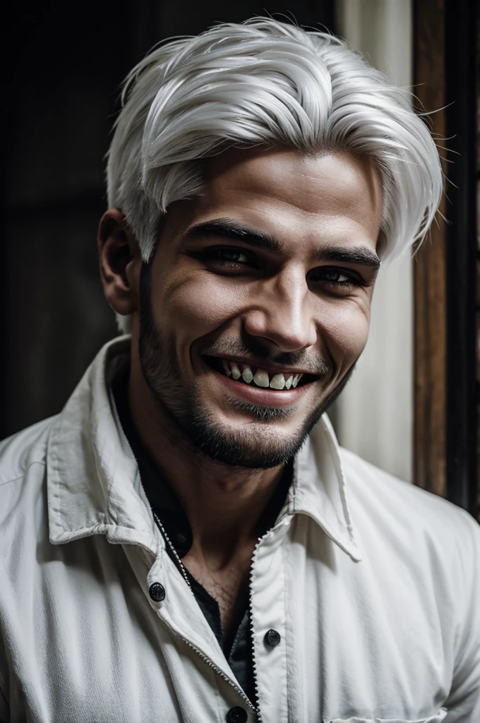 1 man, 26 years, White hair, marked jaw, macabre smile, wolf cut, eyes black as the nights