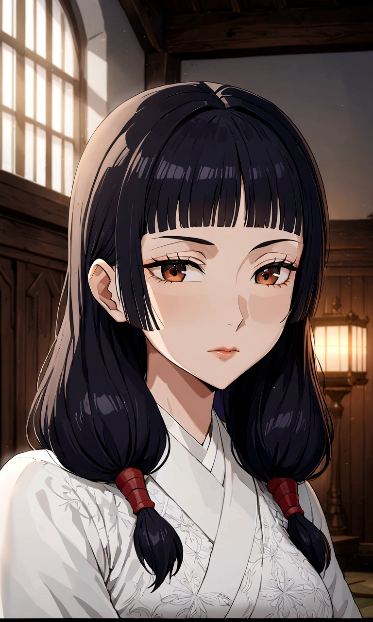 masterpiece, ((ultra detailed background, delicate pattern, intricate detail)), (highly detailed, fine details), best quality, beautiful lighting, ((medium breasts, slim girl)), Utahime, 1girl, solo, black hair, long hair, brown eyes, japanese clothes, twintails, miko, blunt bangs, red hakama, complex detailed background, inside, castle room environment, medieval castle, gray walls, window, bookshelf, (close-up, portrait), 