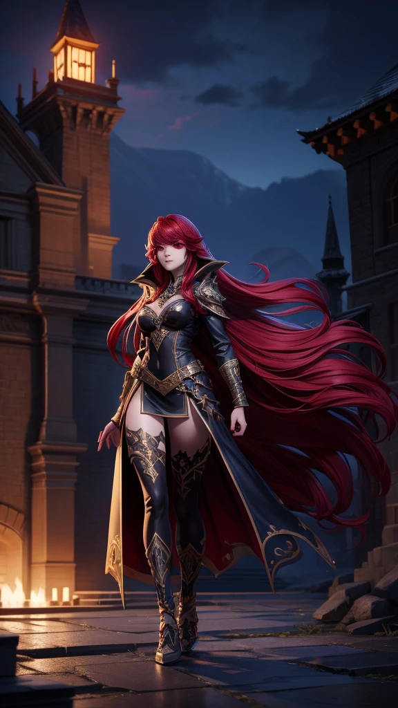 best quality, (RAW photo:1.2), (masterpiece:1.4), (highres:1.4), depth of field, intricately detailed, 8k, extremely detailed, perfect lighting, epic background, solo, super fine photo, full body digital art Unreal Engine 5 8K UHD of a girl, concept art, character concept design, demon queen, white skin, gothic leather clothes, red eyes, seductive face, long red hair, fantasy fashion design, walking in castle, night time background, best quality, masterpiece, super detailed, sharp focus, female pose
