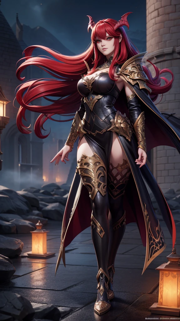 best quality, (RAW photo:1.2), (masterpiece:1.4), (highres:1.4), depth of field, intricately detailed, 8k, extremely detailed, perfect lighting, epic background, solo, super fine photo, full body digital art Unreal Engine 5 8K UHD of a girl, concept art, character concept design, demon queen, white skin, gothic leather clothes, red eyes, seductive face, long red hair, fantasy fashion design, walking in castle, night time background, best quality, masterpiece, super detailed, sharp focus, female pose