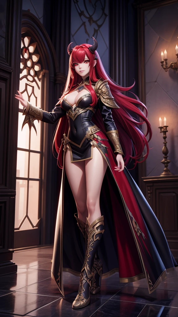 best quality, (RAW photo:1.2), (masterpiece:1.4), (highres:1.4), depth of field, intricately detailed, 8k, extremely detailed, perfect lighting, epic background, solo, super fine photo, full body digital art Unreal Engine 5 8K UHD of a girl, concept art, character concept design, demon queen, white skin, gothic leather clothes, red eyes, seductive face, long red hair, fantasy fashion design, walking in castle, night time background, best quality, masterpiece, super detailed, sharp focus, female pose