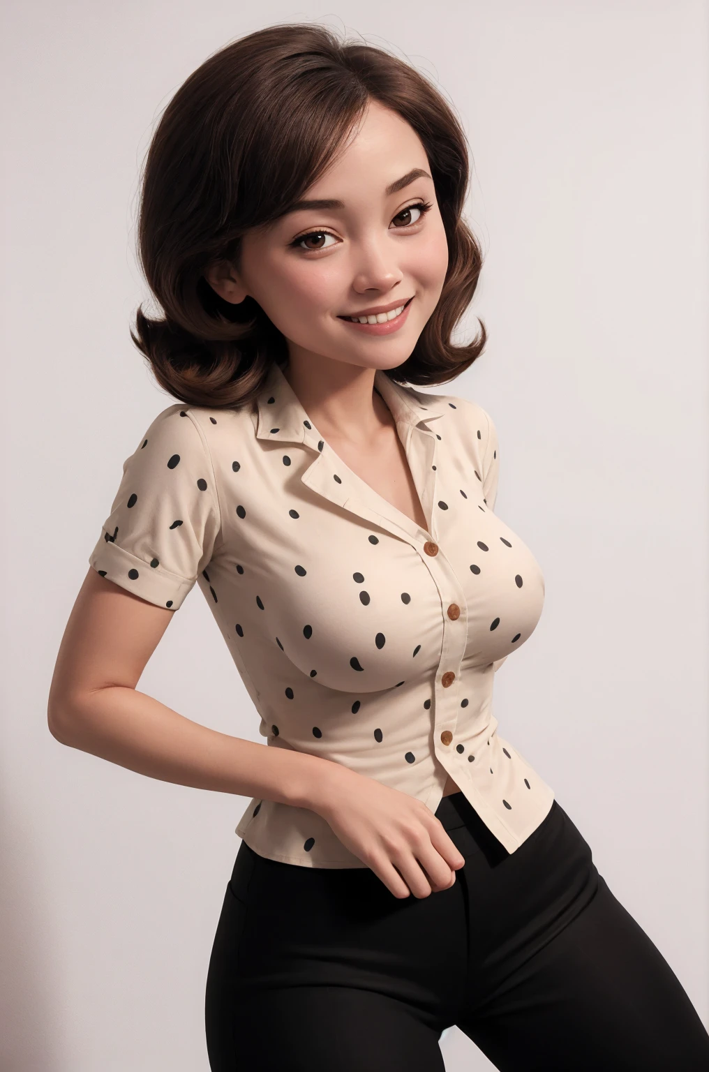 masterpiece, best quality, 1girl, solo, looking at viewer, breasts, helenparr, polka dot, collared shirt, dress shirt, buttons, black pants, simple background, white background, portrait, seductive smile,