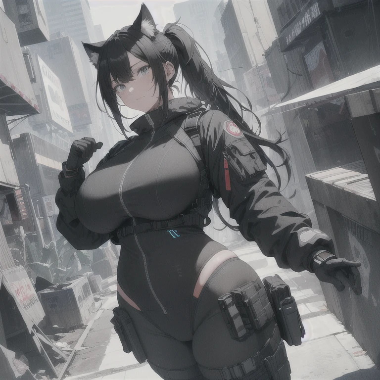 Absurd resolution,high resolution,(masterpiece: 1.4),hyper-detail,fullbody shot,full frontal camera perspective,solo,shorter,standing straight up,1 kemono feline cat woman,no skin other than neck and head shown,full pilot suit,black hair,messy ponytail,cute face,detailed soft grey luminous eyes,huge massive hyper super swollen heavy breasts,breasts so big that cover her whole torso and are bigger than her head while being so big they reach her belly button,extremely super large swollen perky heavy bust,super huge enormously gigantic tits,gigantic breasts stretching/straining out of her outfit looking like they are about to burst out,breasts compressed squishing barely contained in outfit,inflated breasts,breasts_expansion,super gigantic swollen heavy tits,wide full hips,narrower torso and shoulders,smaller torso,narrower waist,full thicc big soft thighs,thicc big full thighs,big rounded full soft butt,thicc butt,ruggedized utility styled outfit,fully insulated suit,full body outfit coverage with no skin showing or revealed,airtight/watertight zippers and seals,scifi monochrome black and grey fullbody covering protective padding rugged loose-fitted pilot utility suit with strategically placed protective padding,white zipped utility cropped top for breasts support with a black strap horizontal across cleavage worn on top of suit,tactical strategic angular-patterned protective padding on hips and thighs and abdomen,practical/functional clothing,weather-proof durable clothing material,nylon clothing material,custom made clothing to fit and support large breasts,scifi padded rugged rigid high collar cropped cutout fitted techwear jacket,armored high collar,white and black triangular decals and techwear iconography on apparel and clothing,techwear gloves,arm mounted strapped display scifi tablet/communication device/computer,ruggedized tech,ruggedized tech aesthetic,fitted utility pants,utility chaps,near future scifi,cyberpunk aesthetic,anime aesthetic,tactical aesthetic
