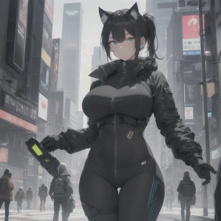 Absurd resolution,high resolution,(masterpiece: 1.4),hyper-detail,fullbody shot,full frontal camera perspective,solo,shorter,standing straight up,1 kemono feline cat woman,no skin other than neck and head shown,utility suit,black hair,messy ponytail,cute face,detailed soft grey luminous eyes,huge massive hyper super swollen heavy breasts,breasts so big that cover her whole torso and are bigger than her head while being so big they reach her belly button,extremely super large swollen perky heavy bust,super huge enormously gigantic tits,gigantic breasts stretching/straining out of her outfit looking like they are about to burst out,breasts compressed squishing barely contained in outfit,inflated breasts,breasts_expansion,super gigantic swollen heavy tits,wide full hips,narrower torso and shoulders,smaller torso,narrower waist,full thicc big soft thighs,thicc big full thighs,big rounded full soft butt,thicc butt,ruggedized utility styled outfit,fully insulated suit,full body outfit coverage with no skin showing or revealed,airtight/watertight zippers and seals,scifi monochrome black and grey fullbody covering protective padding rugged loose-fitted pilot utility suit with strategically placed protective padding,white zipped utility cropped top for breasts support with a black strap horizontal across cleavage worn on top of suit,tactical strategic angular-patterned protective padding on hips and thighs and abdomen,practical/functional clothing,weather-proof durable clothing material,nylon clothing material,custom made clothing to fit and support large breasts,scifi padded rugged rigid high collar cropped cutout fitted techwear jacket,armored high collar,white and black triangular decals and techwear iconography on apparel and clothing,techwear gloves,arm mounted strapped display scifi tablet/communication device/computer,ruggedized tech,ruggedized tech aesthetic,fitted utility pants,utility chaps,near future scifi,cyberpunk aesthetic,anime aesthetic,tactical aesthetic