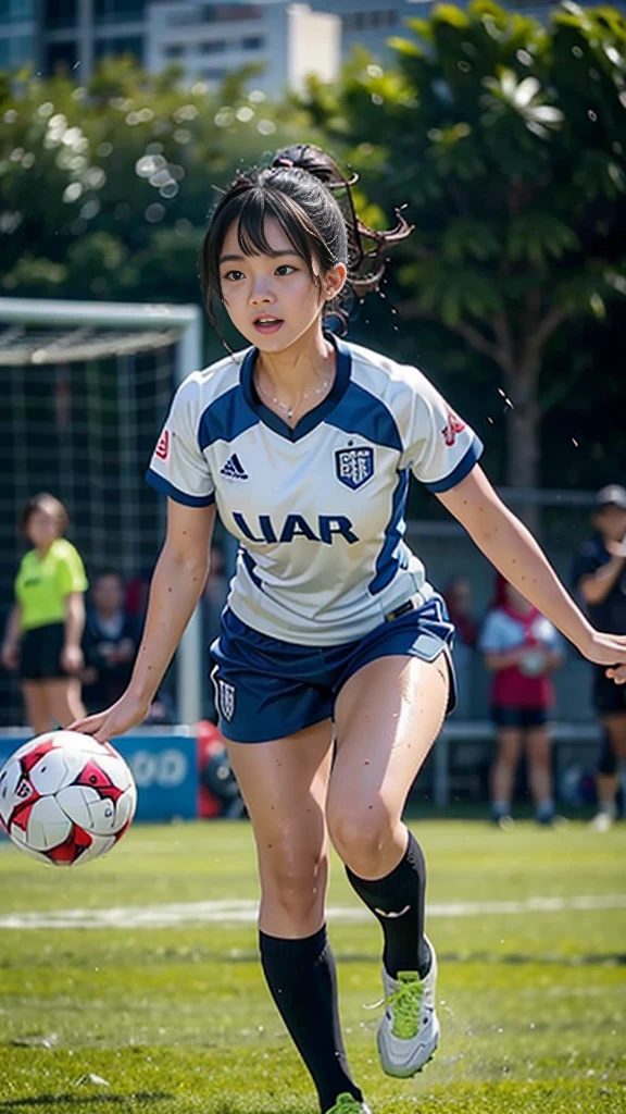 Highest quality, High resolution:1.2, Super detailed, Realistic:1.3, ((Beautiful woman))、Ultra tight uniform、Big Breasts、Vibrant colors, play soccer,((blunt bangs))、Has bangs、Wet Hair, Concentration, Splash, Action Shots, Grass blotches, Muddy ground, Wet turf, Decide, Fast-paced games, Athletic physique, Shiny soccer ball, Wet Uniform, raindrop, Blurred motion, Focus on the ball, Intense competition, Skillful dribbling, Energetic play, Teamwork, powerful shoots, Wet pitch, Passionate sports, Fierce Decide, Humid atmosphere, Fluid movement, emotional expression, Difficult conditions, Dramatic lighting, Women's Sports, Avid athletes, Exciting Games, endure, Excited state, Speed and agility, Energetic play, 濡れたSplash、smile、