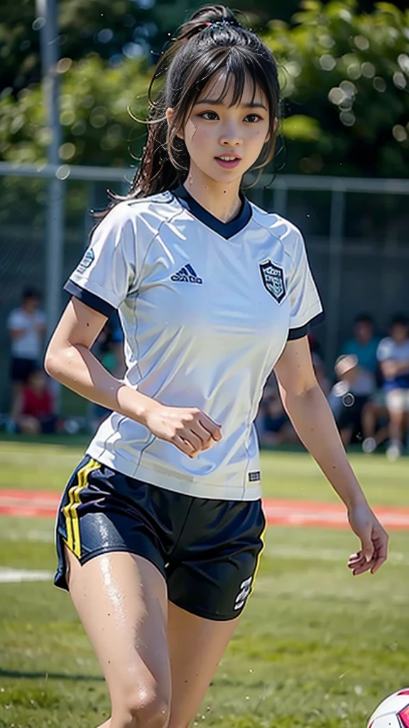Highest quality, High resolution:1.2, Super detailed, Realistic:1.3, ((Beautiful woman))、Ultra tight uniform、Big Breasts、Vibrant colors, play soccer,((blunt bangs))、Has bangs、Wet Hair, Concentration, Splash, Action Shots, Grass blotches, Muddy ground, Wet turf, Decide, Fast-paced games, Athletic physique, Shiny soccer ball, Wet Uniform, raindrop, Blurred motion, Focus on the ball, Intense competition, Skillful dribbling, Energetic play, Teamwork, powerful shoots, Wet pitch, Passionate sports, Fierce Decide, Humid atmosphere, Fluid movement, emotional expression, Difficult conditions, Dramatic lighting, Women's Sports, Avid athletes, Exciting Games, endure, Excited state, Speed and agility, Energetic play, 濡れたSplash、smile、