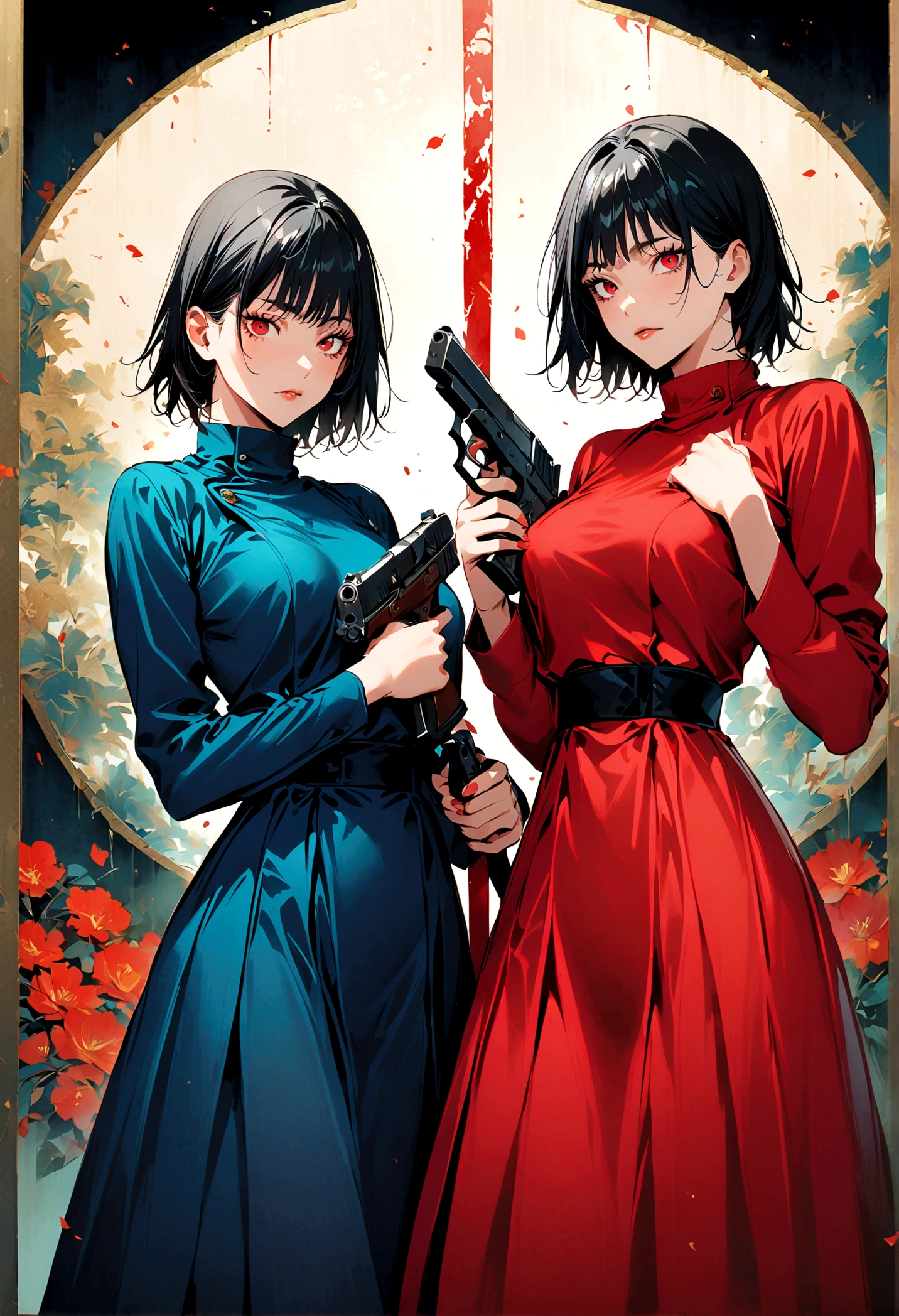 (2 girls,jujutsu kaisen),twins, holding a stuff animals, holding a sword in one hand and a gun in another, one has a set of red eyes, same height, matching dresses, artwork