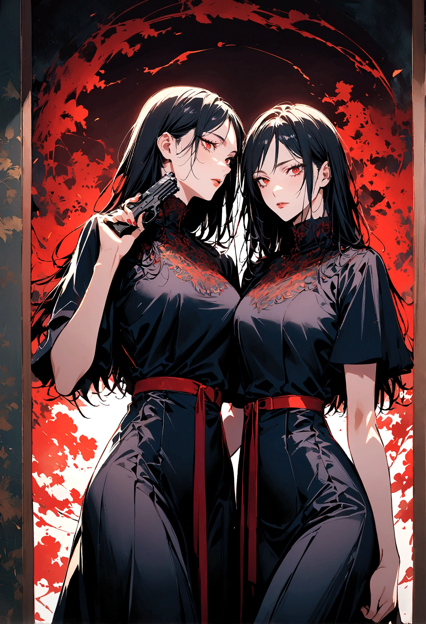 (2 girls,jujutsu kaisen),twins, holding a stuff animals, holding a sword in one hand and a gun in another, one has a set of red eyes, same height, matching dresses, artwork