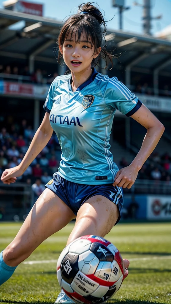 Highest quality, High resolution:1.2, Super detailed, Realistic:1.3, ((Beautiful woman))、Ultra tight uniform、Big Breasts、Vibrant colors, play soccer,((blunt bangs))、Has bangs、Wet Hair, Concentration, Splash, Action Shots, Grass blotches, Muddy ground, Wet turf, Decide, Fast-paced games, Athletic physique, Shiny soccer ball, Wet Uniform, raindrop, Blurred motion, Focus on the ball, Intense competition, Skillful dribbling, Energetic play, Teamwork, powerful shoots, Wet pitch, Passionate sports, Fierce Decide, Humid atmosphere, Fluid movement, emotional expression, Difficult conditions, Dramatic lighting, Women's Sports, Avid athletes, Exciting Games, endure, Excited state, Speed and agility, Energetic play, 濡れたSplash、smile、