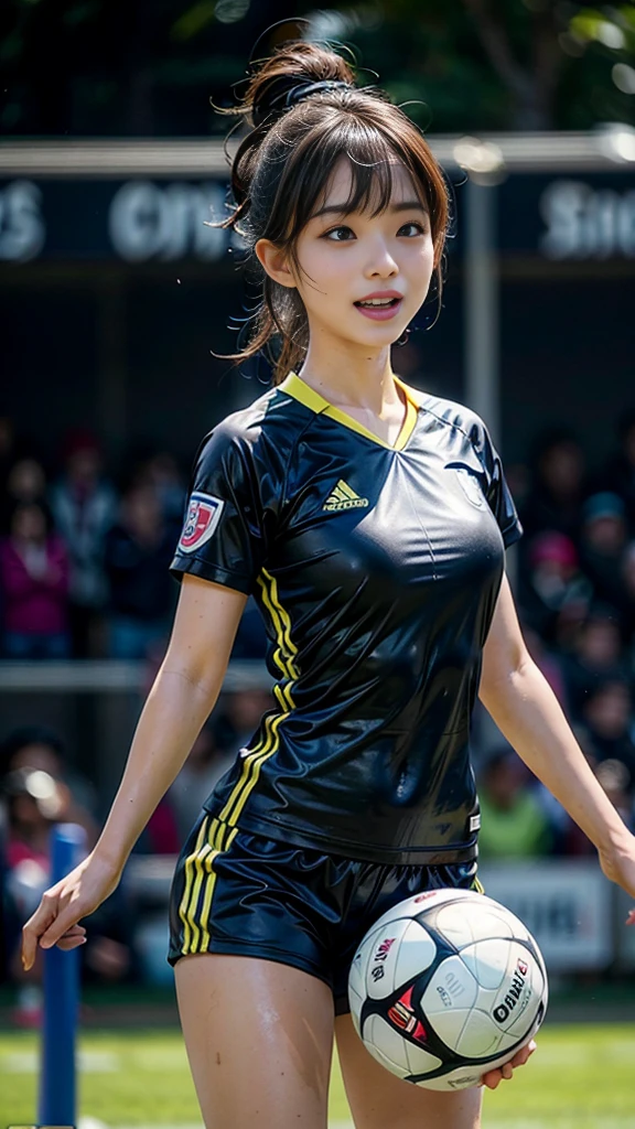 Highest quality, High resolution:1.2, Super detailed, Realistic:1.3, ((Beautiful woman))、Ultra tight uniform、Big Breasts、Vibrant colors, play soccer,((blunt bangs))、Has bangs、Wet Hair, Concentration, Splash, Action Shots, Grass blotches, Muddy ground, Wet turf, Decide, Fast-paced games, Athletic physique, Shiny soccer ball, Wet Uniform, raindrop, Blurred motion, Focus on the ball, Intense competition, Skillful dribbling, Energetic play, Teamwork, powerful shoots, Wet pitch, Passionate sports, Fierce Decide, Humid atmosphere, Fluid movement, emotional expression, Difficult conditions, Dramatic lighting, Women's Sports, Avid athletes, Exciting Games, endure, Excited state, Speed and agility, Energetic play, 濡れたSplash、smile、