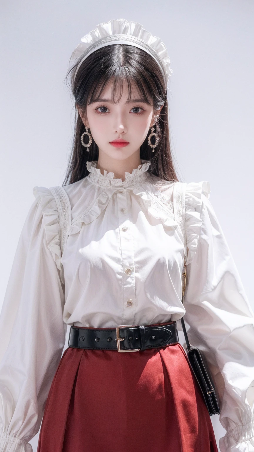 best quality,Very detailed,masterpiece,Extremely detailed,Solitary,(Delicexiste Eyes),(White background:1.3),red Eyes,permanent,Belt skirt,[trench coexist:20],Jewelry, mole_exist下面_Eye, Watching_exist_Viewer, Frilly_Headband,earrings