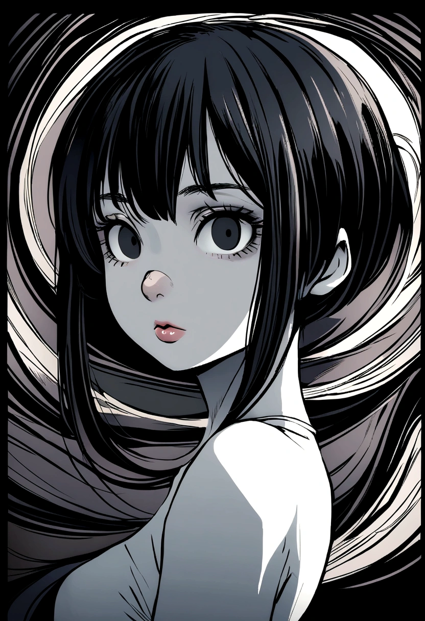 A twenty-six year old girl... with short black hair that used to be long and wide black eyes... a small nose and a small mouth with full lips and pale skin, medium height, manga style.