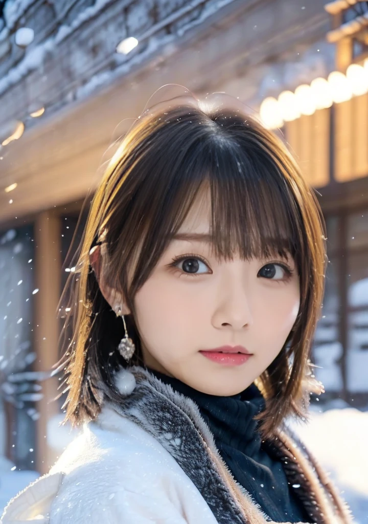 Blue Eyes、Holding a kitten、Photo from the waist up、Night city illumination shot、Cowgirl Shot、Fur coat、豪華なグレーのミンクのFur coat、Wear fine leather boots、Luxury Bags、Inner turtleneck、Silver necklace and small silver earrings Millionaire style:1.4))、Full body photo、smile、 Caustics、Highly detailed photos、Very beautiful woman 、Ample breasts、No makeup、(8K、RAW Photos、Highest quality、masterpiece:1.2)、(Realistic、Realistic)、1 Girl、((Medium Short Hair、Midwinter、Cold region Snow falling、The wind is blowing、Fluttering Hair、Blur the background、Colorful illuminations、Looking into the camera:1.4))、