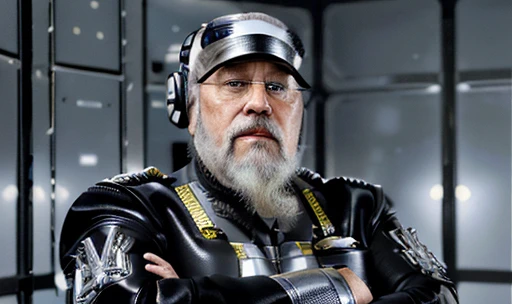 He is looking at his mechanical palm, He observes his own bionic hand, The space general aged 65 has long gray beard and long beard, wears a futuristic uniform, he is fat bearded, long sleeve uniform , wearing leather gloves on your hands, he has his arms crossed seriously, speaking to the viewer, He wears a white general&#39;s hat on his head. He wears a general&#39;s hat.