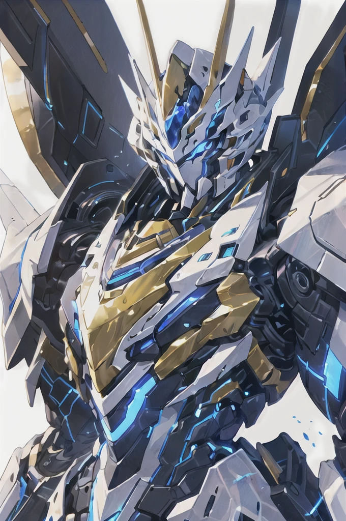 [(WHITE BACKGROUND:1.5)], nijimecha,Blue mech standing,mech with heavy armor, Black armor, thick limbs,energy core,power armor,full armor,best quality,masterpiece,no human being,v-fin,bule theme,(upper body)