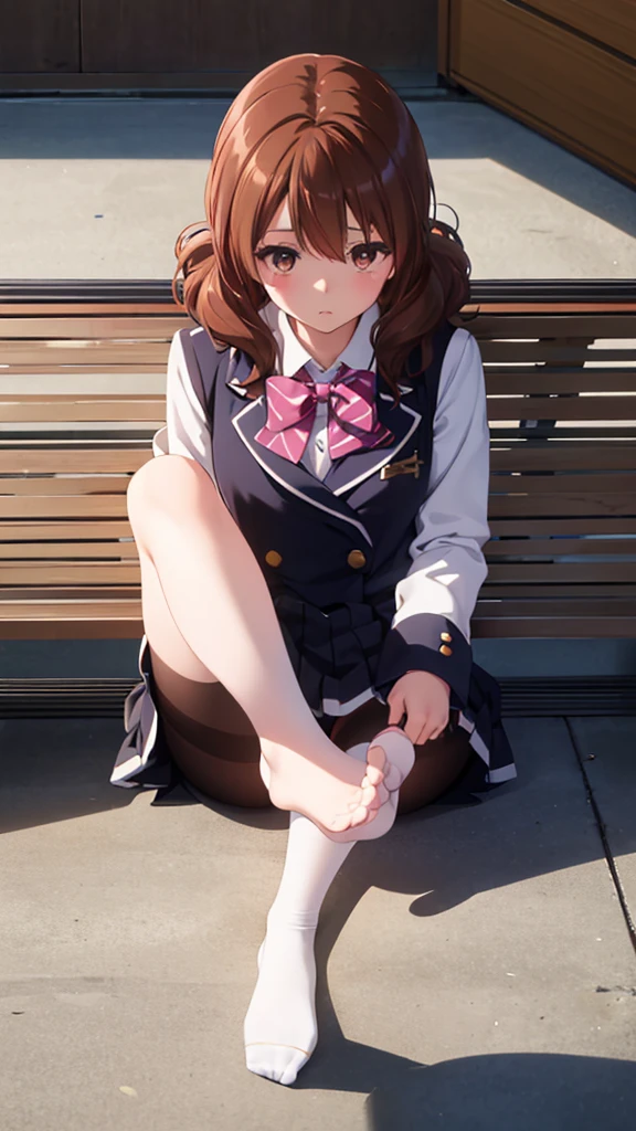 Highest quality, masterpiece, High resolution, (Head to Toe full body), front, frontやや下からの構図, Symmetric, Tall 18 year old girl, alone, (Head to Toe), (Small breasts), disheveled brown hair, bangs, (black tights), (Black Pantyhose), (Sit with your legs apart), (Crouching pose), (A composition showing white panties), (She has her legs spread and her white panties are visible.), (Sit on the floor with your legs spread), (M-shaped foot), Thin legs, とても美しくTall 18 year old girl, (No shoes), blush, Shy big eyes, Looking into the camera, Blazer Uniform, Checkered Pleated Skirt、Kumiko Oumae