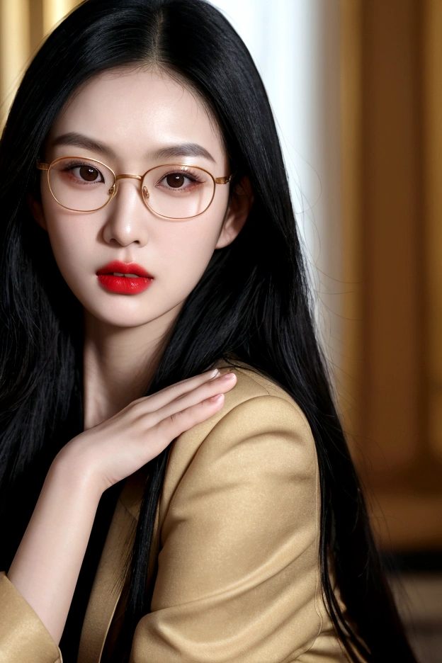 Close-up portrait of a young East Asian woman with long black hair and round gold-rimmed glasses. She is wearing a black suit jacket. Her expression is serious, looking directly at the camera. Pale skin with red lips. Background is blurred, suggesting an indoor setting. Soft, natural lighting. High-resolution, detailed image with sharp focus on the face
